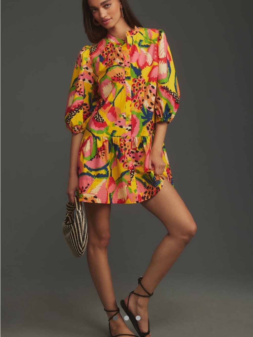 Anthropologie FARM RIO Long-Sleeve Printed Mini Dress Yellow Pattern